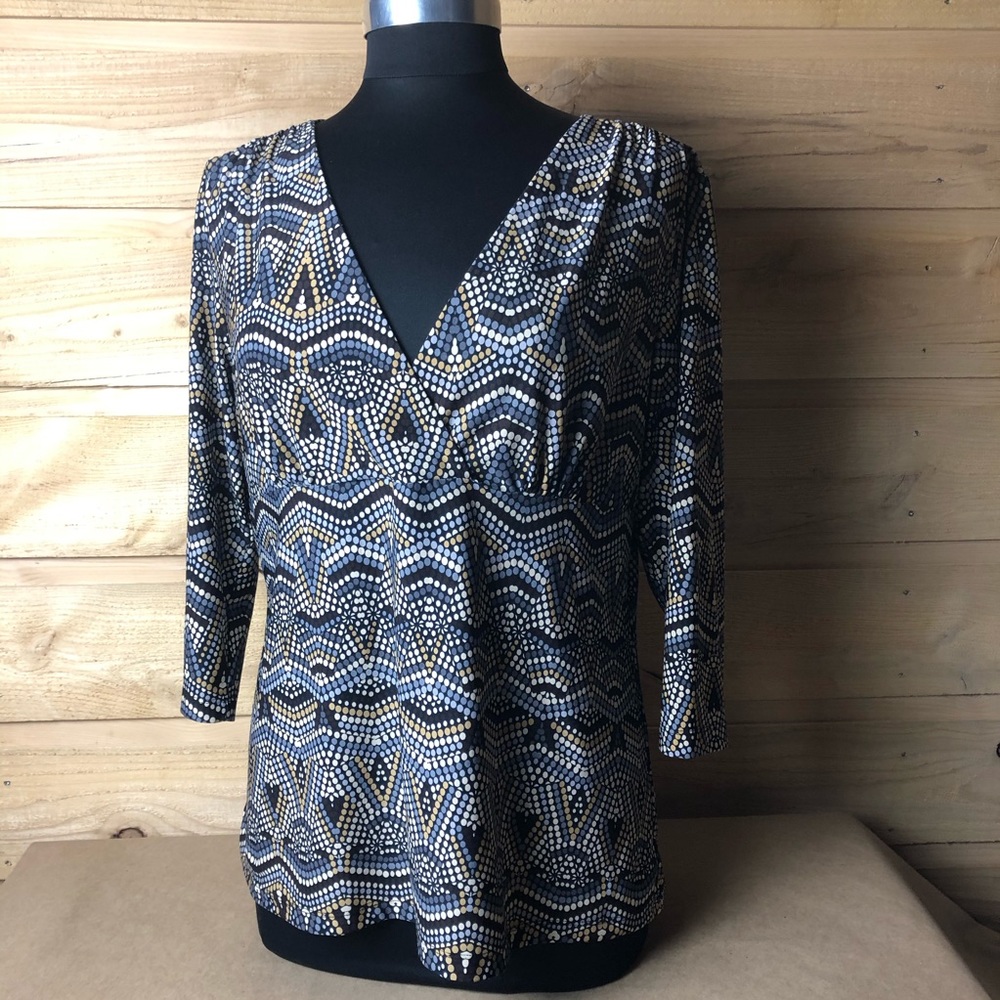 DFA Women’s Large blouse black gray yellow circles